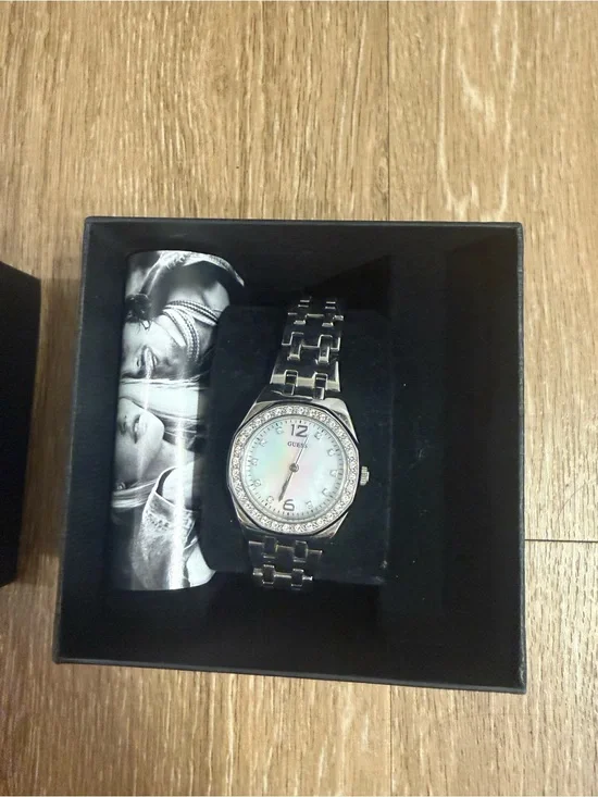 GUESS Silver-Tone Crystal Bezel Watch with Mother-of-Pearl Dial