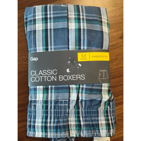 Gap Mens Classic Cotton Boxers Blue Green Plaid Size Medium 32-34 NEW