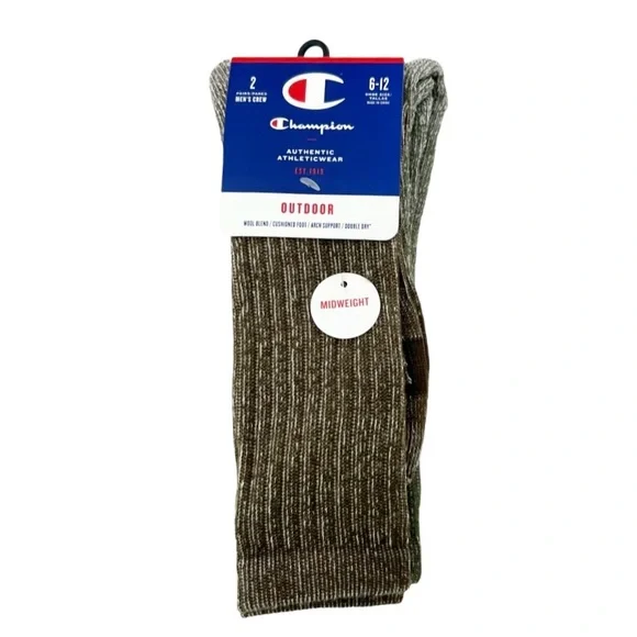 Champion Outdoor Athletic Wool Blend 2 Pack Crew Socks Size 6-12 NWT