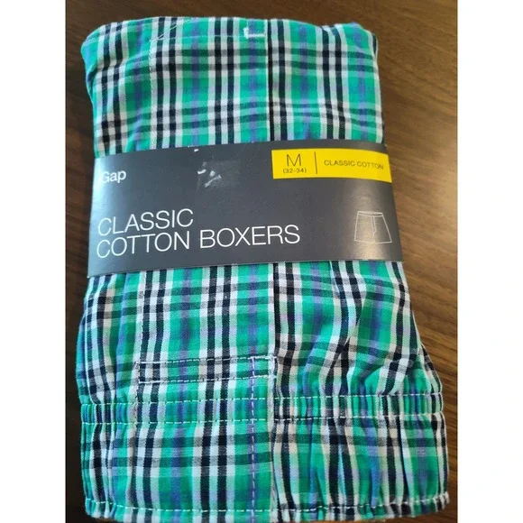 Gap Classic Cotton Boxers Mens Medium 32-34 Green Blue Plaid Underwear NWT