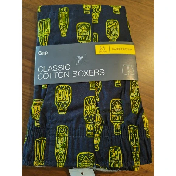 Gap Mens Classic Cotton Boxers Navy Blue Yellow Beer Bottle Print Size M 32-34