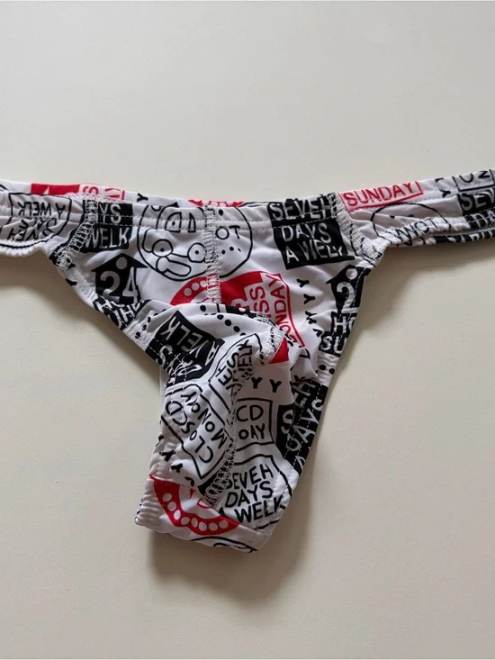 Men's Graphic thong - White with Black & Red Print