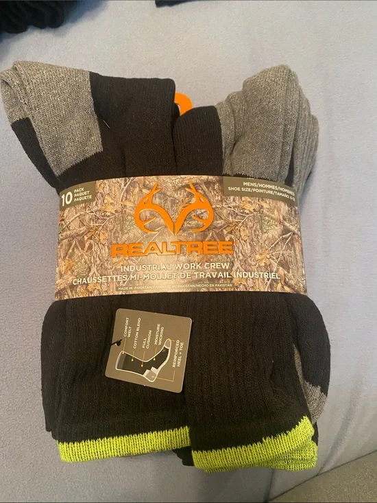 Realtree Work Crew Socks - Black, Gray & Neon Yellow Trim