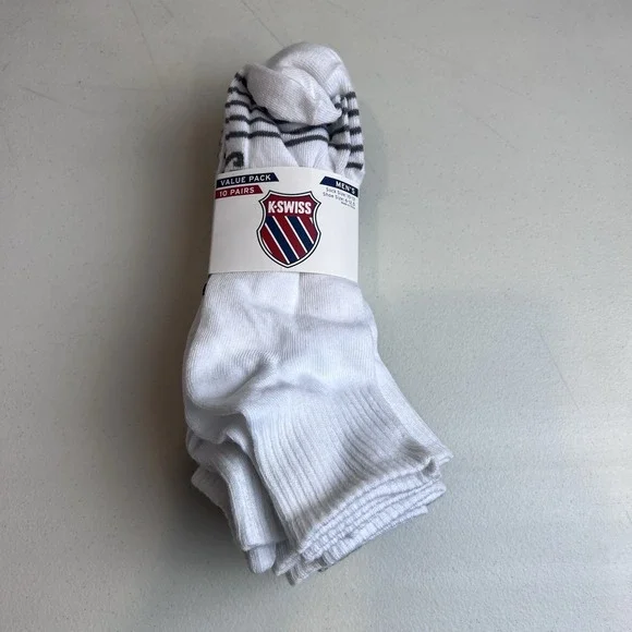 Men's K.Swiss 10 Pairs Mid Cut Socks Shoe Size 6-12.5 K-Nit NEW White Black Gray