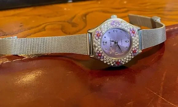 Women's Silver Tone Rumours Watch, Mesh Band, Purple Face and Crystal Accented B