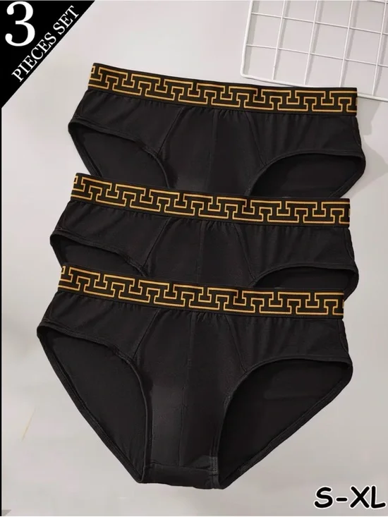 Black Briefs Set with Gold Geometric Waistband - 3 Pack