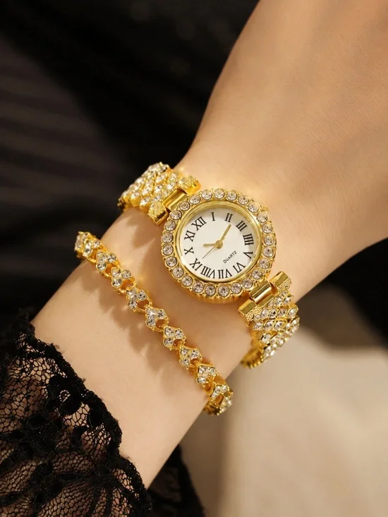 Gold Iced Out Watch & Bracelet Set Simulated Diamond VVS Dainty Luxury Set