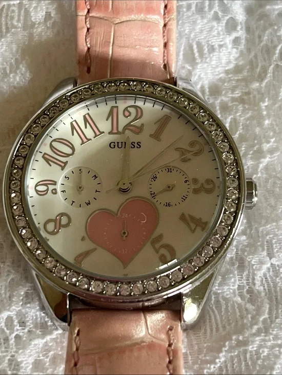 GUESS Pink Crystal-Trim Heart Dial Women’s Watch