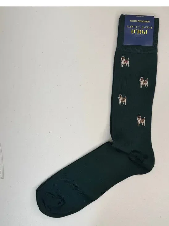 Polo Ralph Lauren Green Dress Socks Embroidered Hunting Dog Pattern Cotton Blend