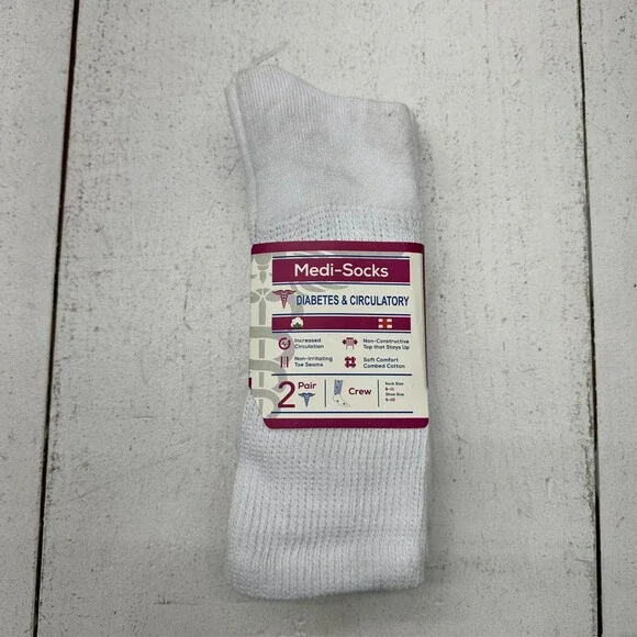 Two Pair White Medi-Socks Diabetes & Circulatory Unisex Crew Sock Size 9-11 NEW