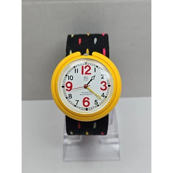 Vintage Retro Yess Yellow Watch New Battery Red Numbers Polka Dot Strap Funky