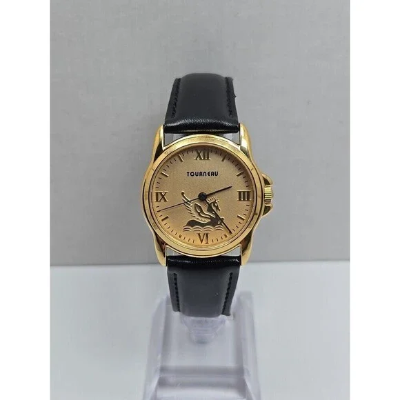 Tourneau Pegasus Limited Edition Gold Tone Black Leather Quartz Watch New Batter