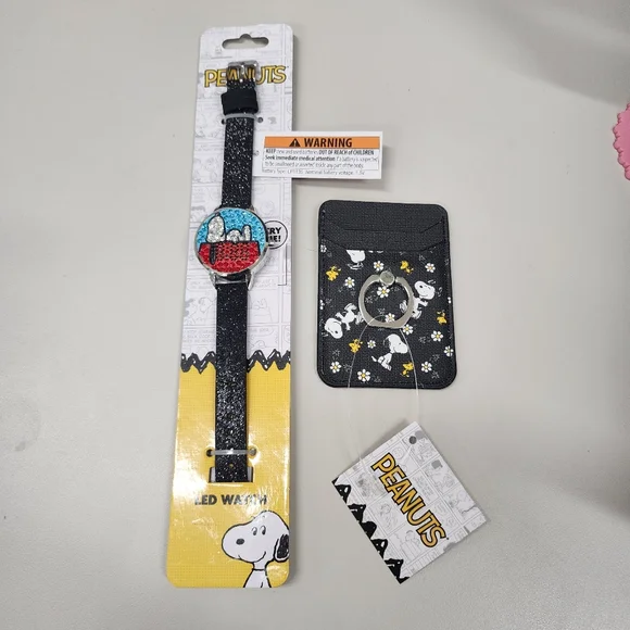 Peanuts Snoopy LED Watch & Phone Wallet Accessory Set Black Glitter Band