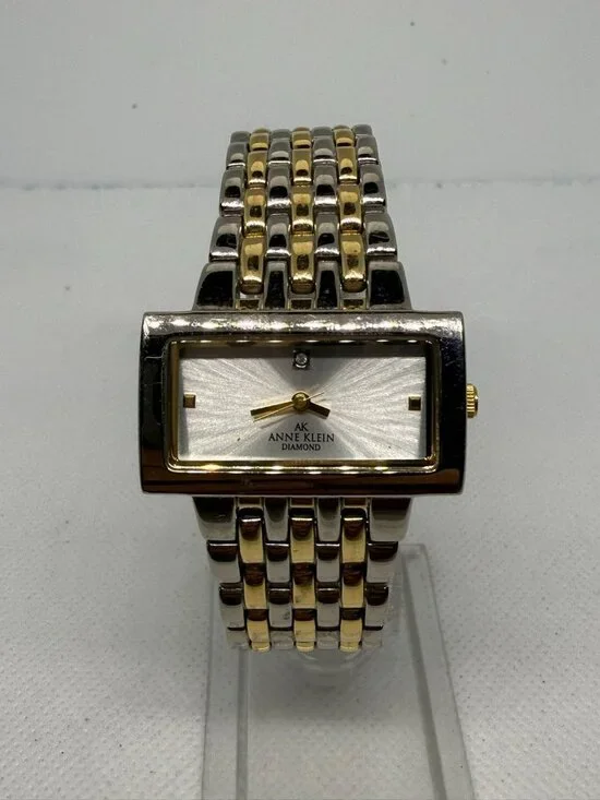 Anne Klein Diamond Ladies Two-Tone Rectangular Bracelet Watch Silver Dial 1072S3