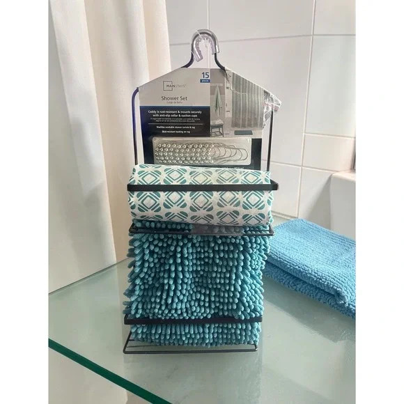 Mainstays 15 Piece Shower Set Teal Geometric Curtain Rug Caddy Hooks