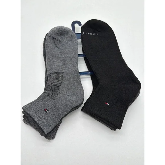Tommy Hilfiger Mens Quarter Crew Socks 5 Pair Pack Black Grey Performance Logo