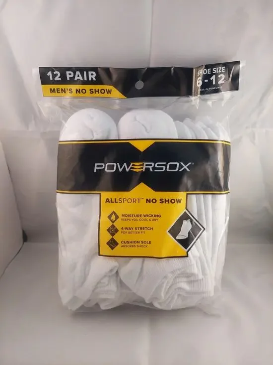 Men's Powersox All Sport Moisture Wicking No Show Socks 12 Pair White Large 6-12
