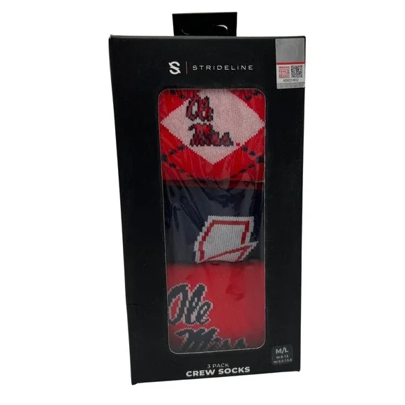 Strideline Ole Miss Rebels Mens Crew Socks 3 Pack Size M/L 8-12 NCAA Red Navy