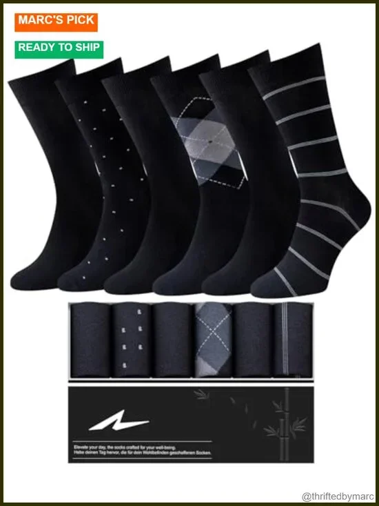 6 Pairs Mens Dress Socks Soft Breathable Bamboo Rayon Mid Calf Socks with Box