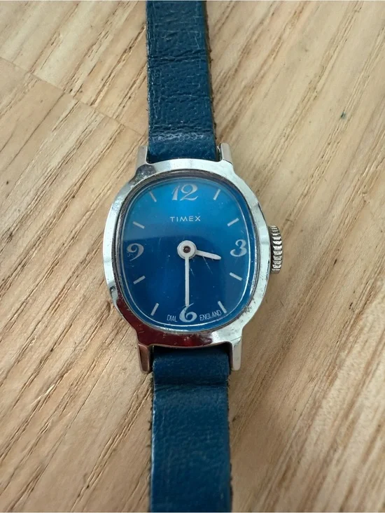 Timex ladies blue dial silver tone blue strap mechanical winding watch