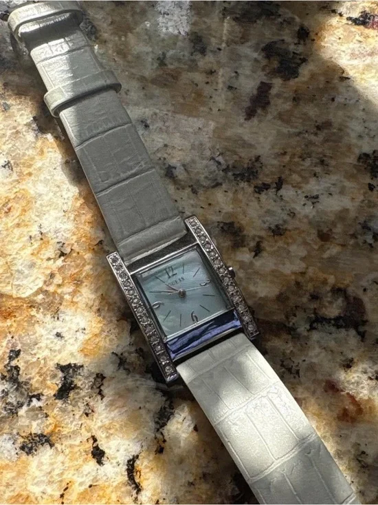 Guess Women’s Silver-Tone Watch with Light Gray Strap and Crystal Accents