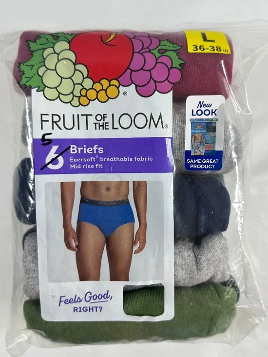 Fruit of The Loom-Mid Rise Fit-Men's Briefs-Size Large 36-38-ONLY 5 Briefs-NWT