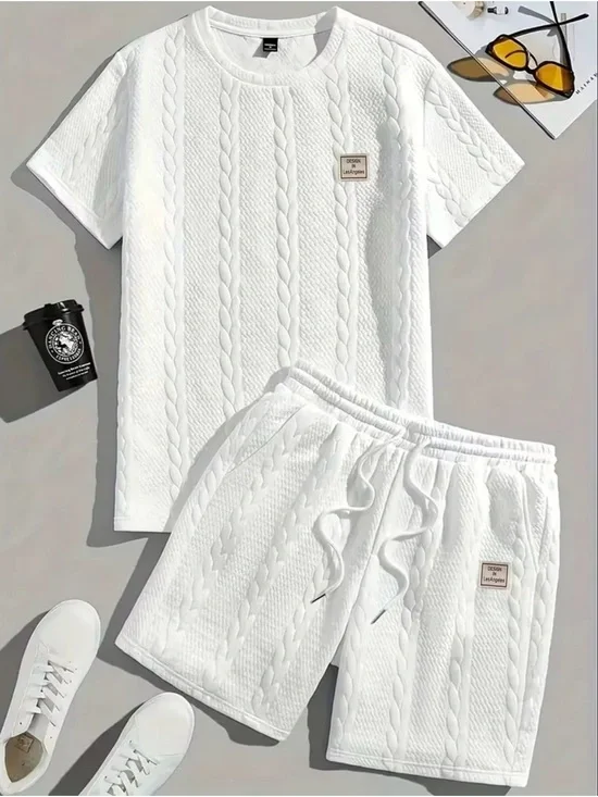 Men's White Cable-Knit Short Sleeve Tee & Shorts Set
