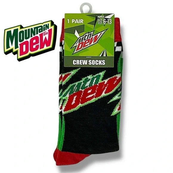 Mountain Dew Crew Socks Novelty Reinforce Toe Black Green Red Unisex Men 6-13