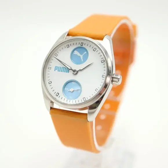 Puma Womens Blue White Sport Small Seconds Watch 29mm Orange Resin w New Battery