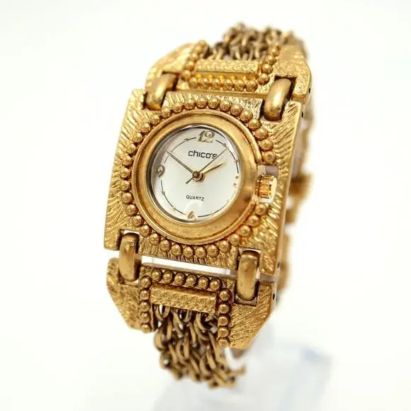 Chico's Womens Gold Tone Luxary Chain Watch 32mm Silver Dial with New Battery