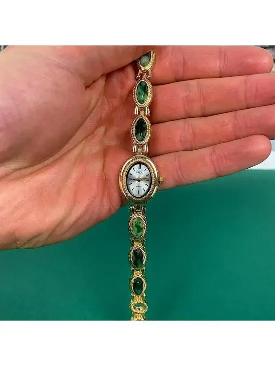 Y2K Gold Green Dainty Quartz Opal Jade Watch 8 Inch Unisex