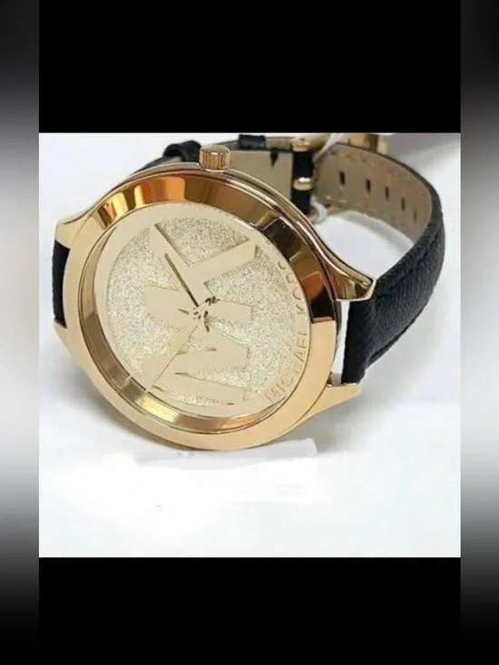 Michael Kors Slim Runway Gold Dial Leather Watch