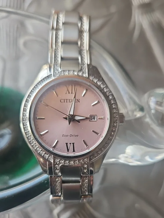 Citizen Women's Silver Watch with Pink Dial and Crystal Accents