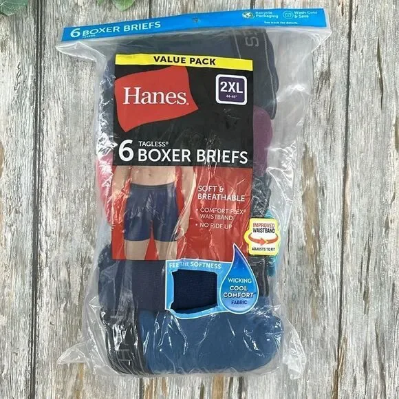 Hanes Cotton Soft Breathable Assorted Boxer Briefs Underwear 6 Pack Size 2XL