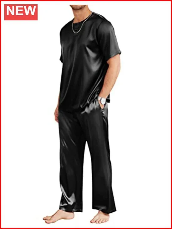 Mens Silk Satin Pajama Set Short Sleeve Sleepwear Loungewear with Long Pants