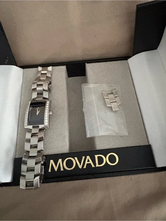 Movado Sterling Silver Watch with Rectangular sapphire crystal dial & diamonds