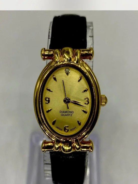 Ldies ^^^Diamond Quartz  *** Women's Gold-Tone Oval Watch /  Black Strap ***