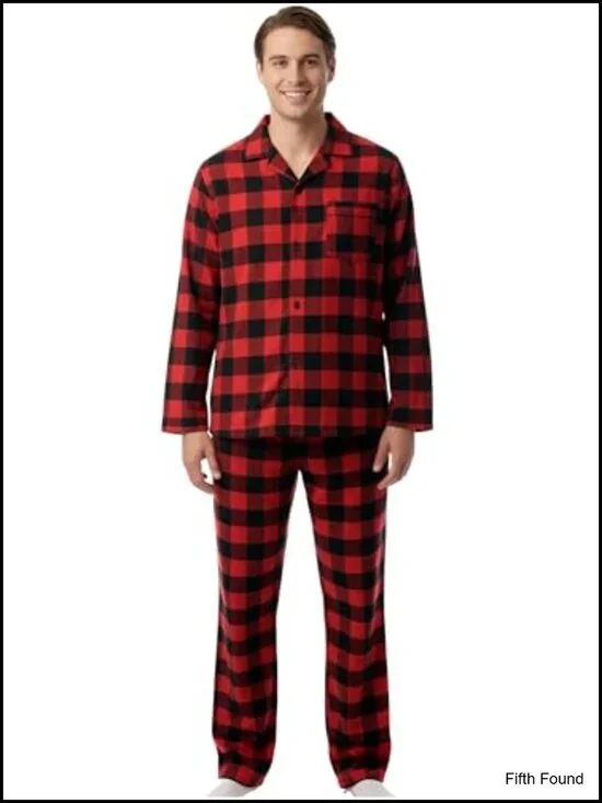 Men's Plaid Button Front Flannel Pajamas Set Long Sleeve Long Pant
