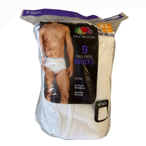 Fruit of the‎ Loom Mens 9 Pack Tag-Free Briefs White Full Cut XL 40-42 SV8P7TG