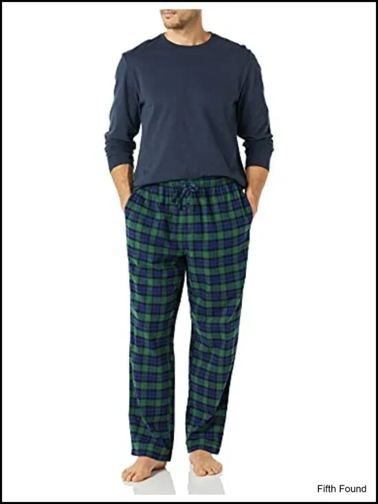Men's Flannel Pajama Set with Long-Sleeve Tee and Drawstring Pants