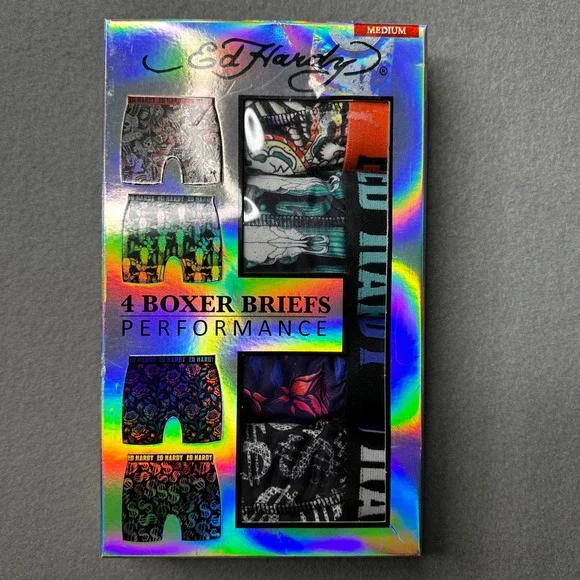 Ed Hardy Boxer Briefs Mens Medium Multi Performance 4 Pack Tattoo Dollar Rose