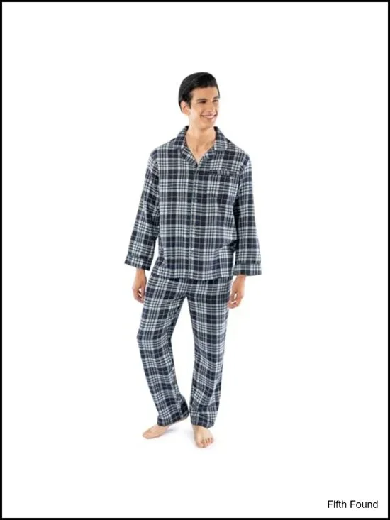 Men's Flannel Pajama Sleep Set, Button Fly, Drawstring Waist, Cotton