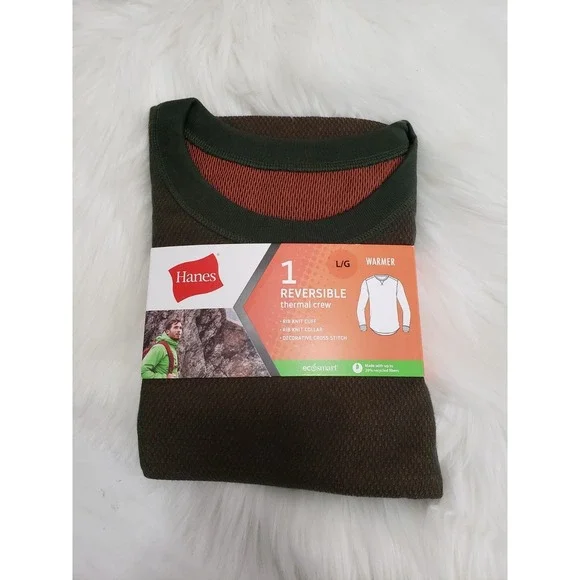 NEW Hanes Men's Thermal Crew long sleeve SHIRT Warmer Reversible GREEN Large