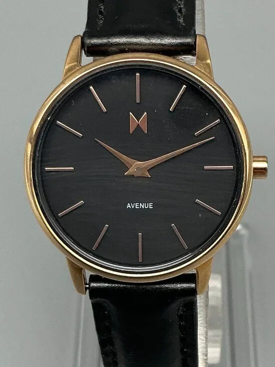 MVMT Madison Avenue Womens Watch 28mm Gold Tone Black Leather Band New Battery