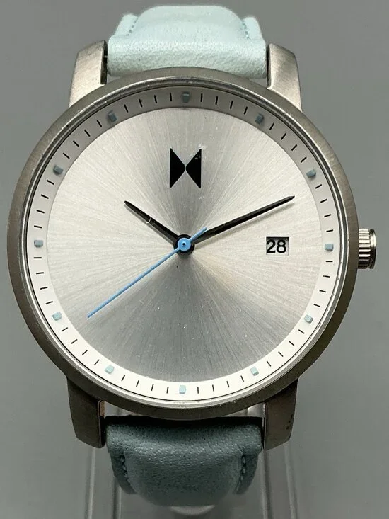 MVMT Skyline Womens Watch 38mm Silver Tone Blue Leather Band New Battery