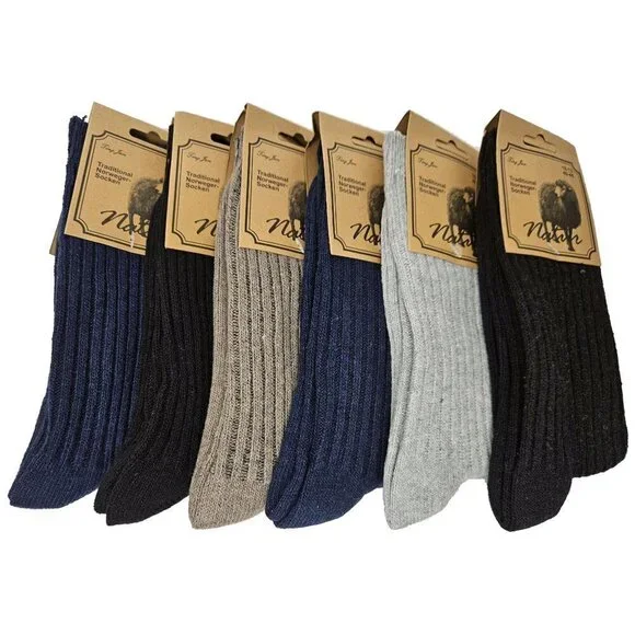 Men's Wool Blend Socks Size 10-13 Norweger Warm Winter Thermal Crew Socks 6-PACK