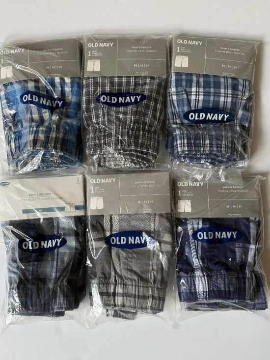 OLD NAVY Bundle 6-Piece Men's M Boxers 100% COTTON Woven Blue & Grey Plaids NEW