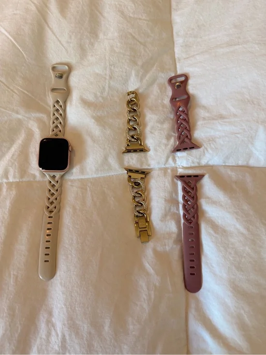 Apple Watch with Beige and Mauve Braided Bands + Gold Chain Links