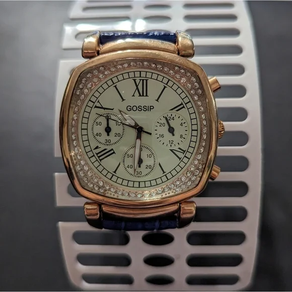 Gossip GSP828 Rhinestone Chronograph Watch Rose Gold Blue Croco Leather Band