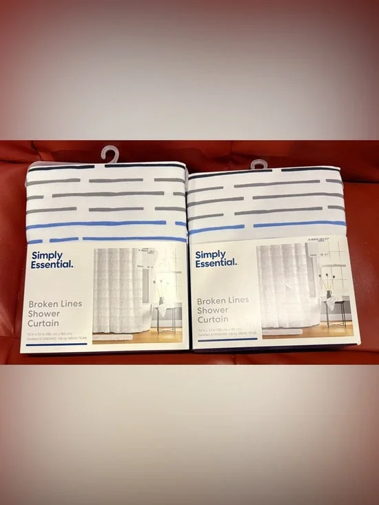 2 Simply Essential Broken Lines Shower Curtains- White with Gray & Blue Accents